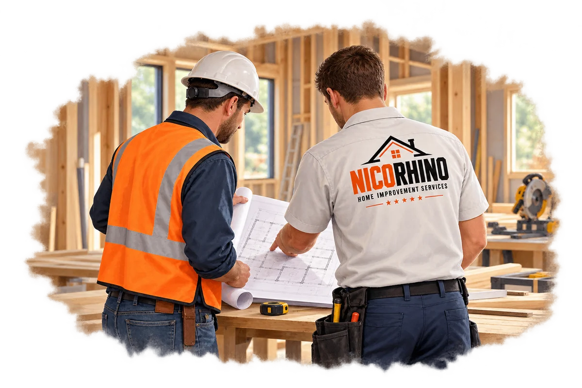 Illustration of a NICORHINO handyman reviewing plans with a contractor at a renovation