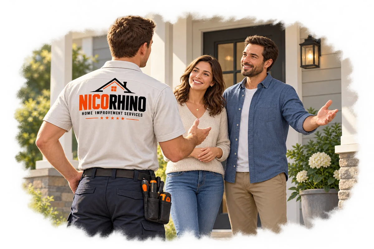 Illustration of a NICORHINO handyman talking with homeowners by their front porch