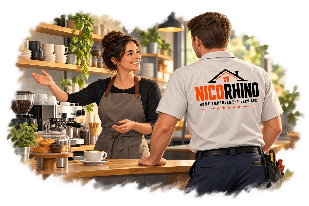 Illustration of a NICORHINO handyman talking with a small business owner at a shop counter