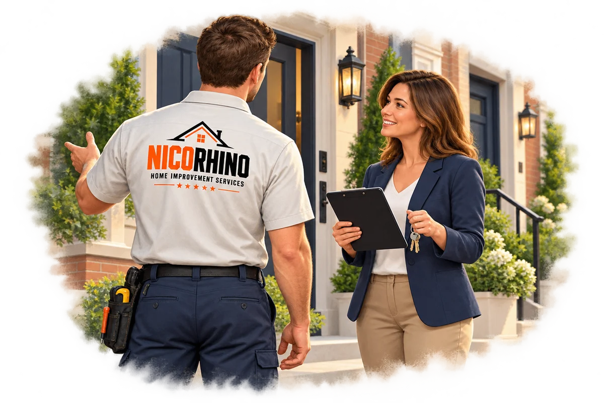 Illustration of a NICORHINO handyman discussing a property with a manager holding keys and a clipboard