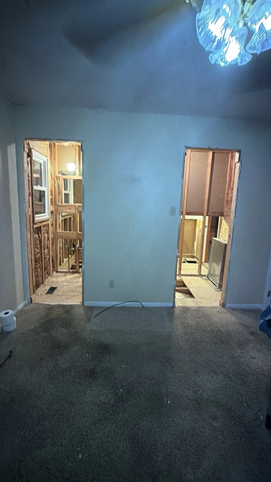 Half bath and adjacent closet during demolition, with wall framing exposed
