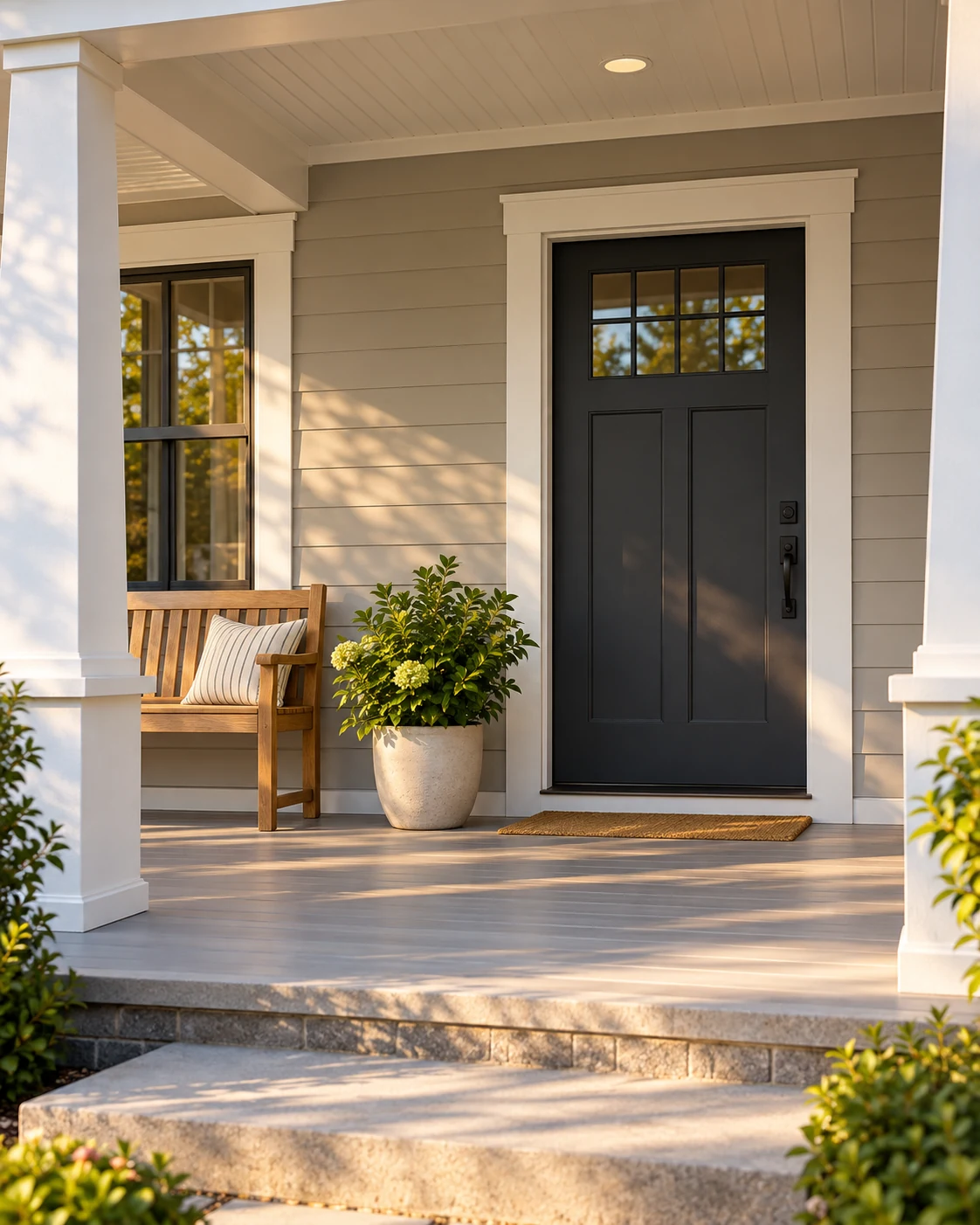 A welcoming front porch with a charcoal door, crisp trim and a wooden bench