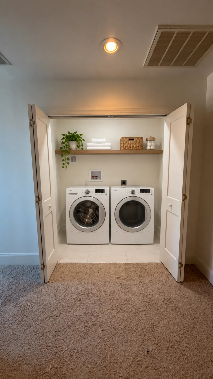 Design visualization of the laundry niche with appliances, shelving and accessories